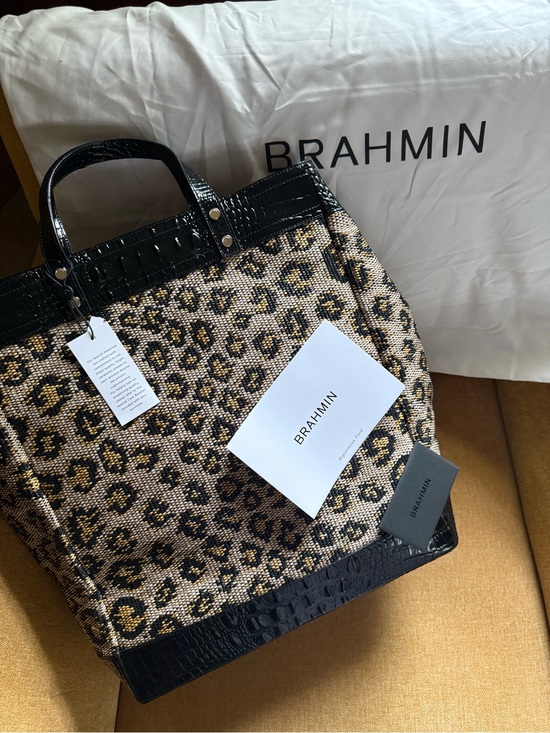 Brahmin Handbags - Brahmin Leopard Print Tote with Black Croc-Embossed Trim